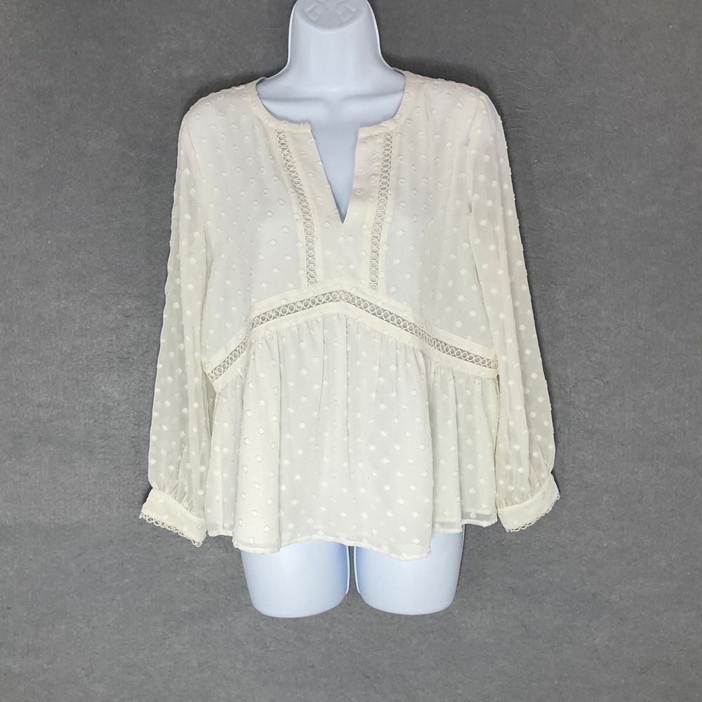LOFT Top Women's XS Ivory Swiss Dot Flowy Long Sleeve Peasant Blouse Romantic